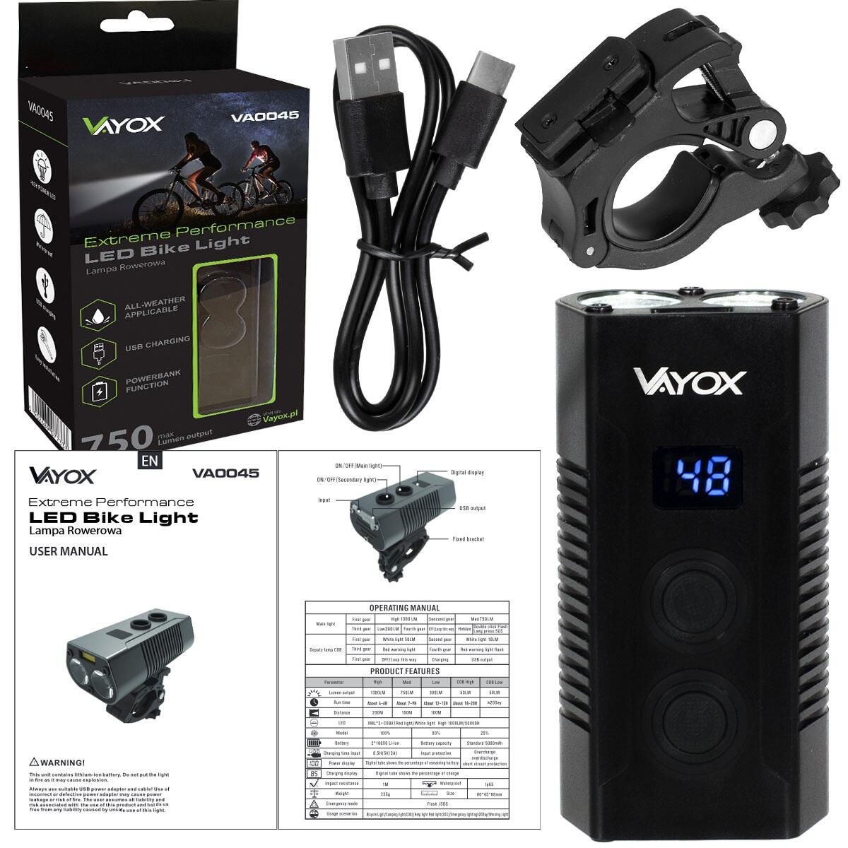 Luce anteriore per bici Vayox VA0045 750 lm, ricaricabile, POWERBANK 7/7