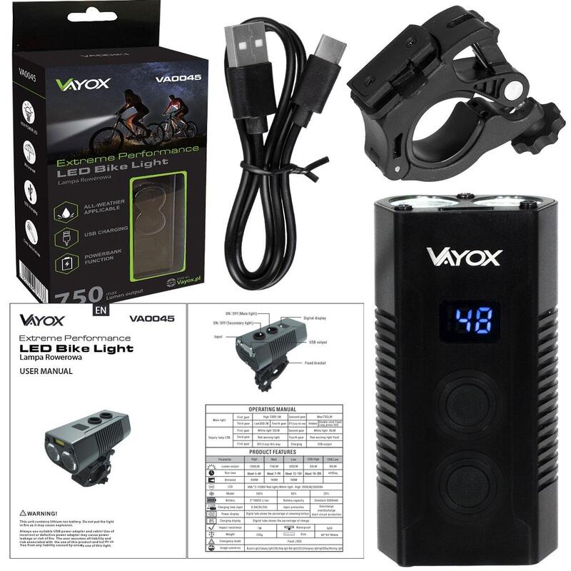 Vayox VA0045 éclairage avant de vélo 750lm batterie externe rechargeable