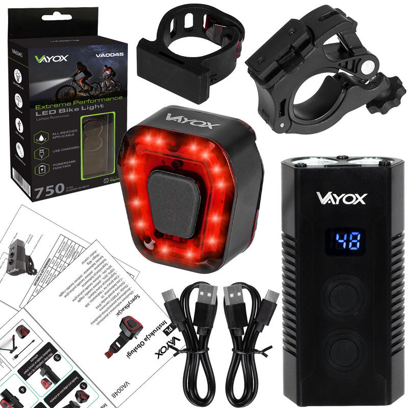 Ensemble de feux de vélo VAYOX VA0045 + VA0048 avant et arrière POWERBANK