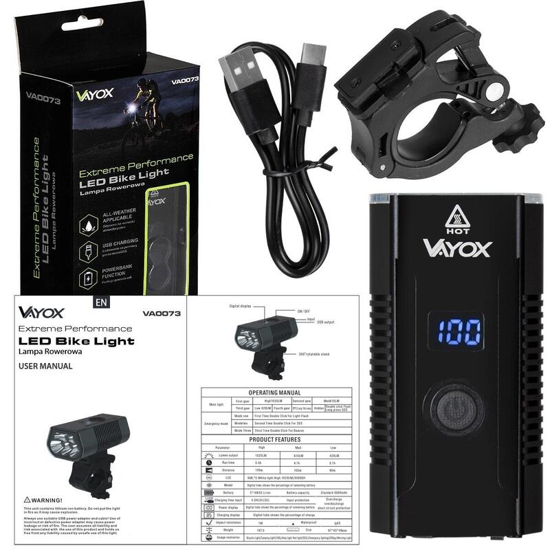 Cyklistické přední světlo VA0073 1020lm akumulátorové LCD powerbanka