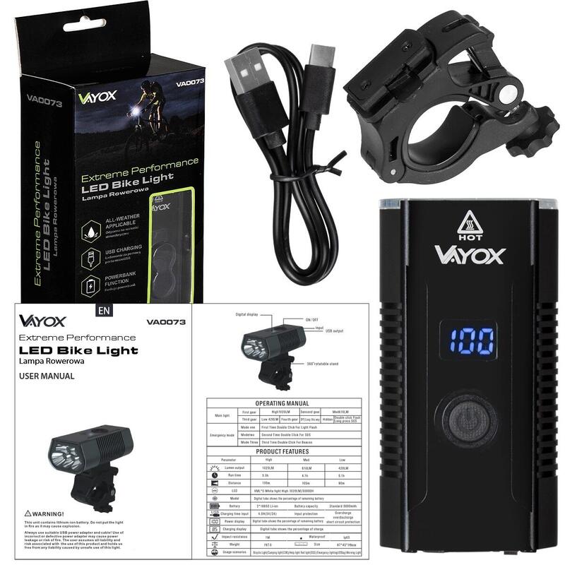 Lampka rowerowa przednia Vayox VA0073 1020lm akumulatorowa LCD powerbank