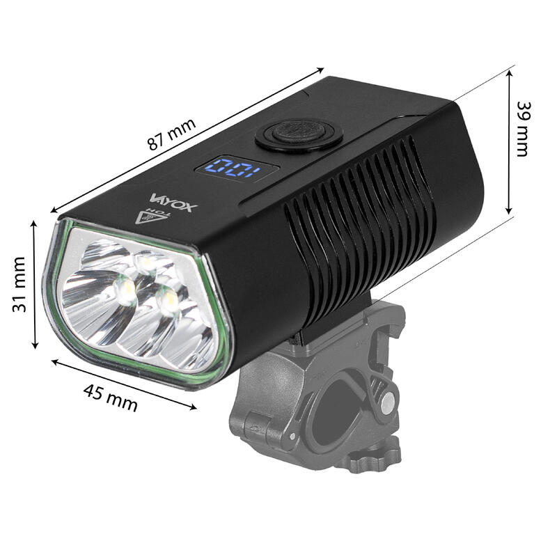 Vayox VA0073 fietskoplamp 1020lm oplaadbare LCD externe batterij