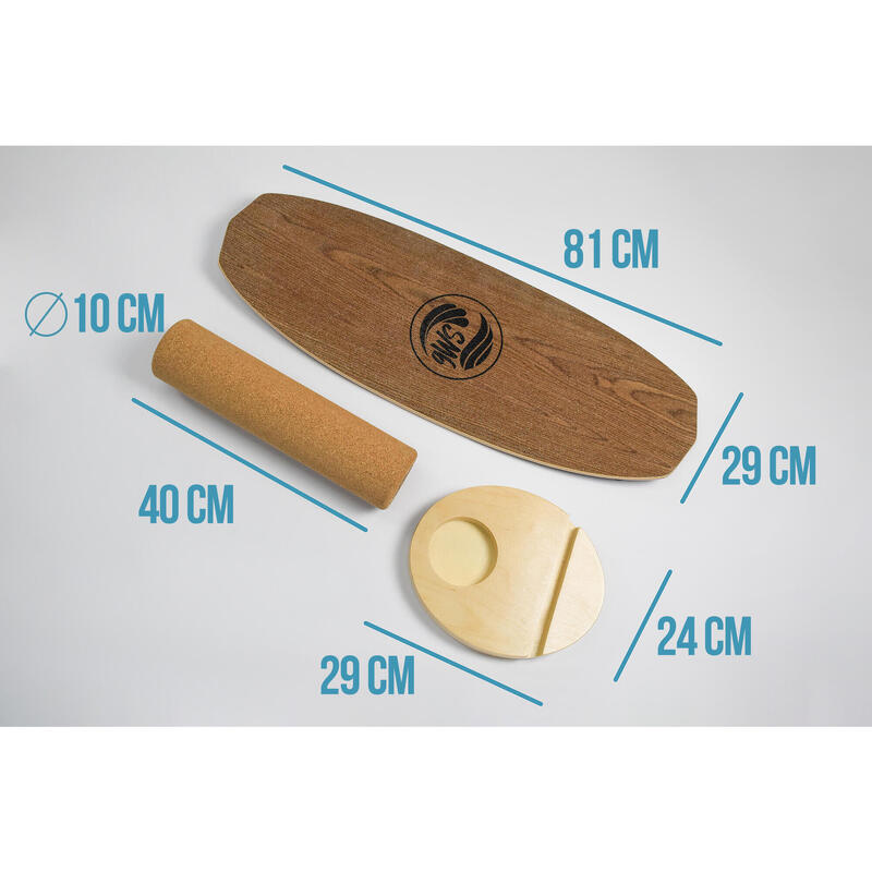 Tabla de equilibrio con rodillo de corcho antideslizante.