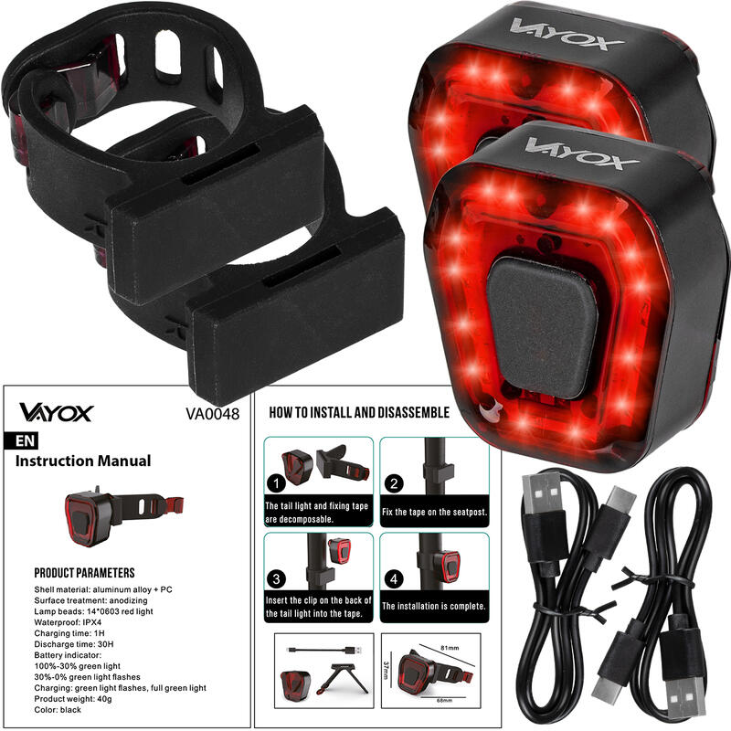 Lot de 2x éclairage vélo arrière LED USB VAYOX VA0048