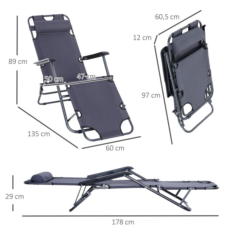 Tumbona Reclinable Outsunny 135x60x89cm Gris