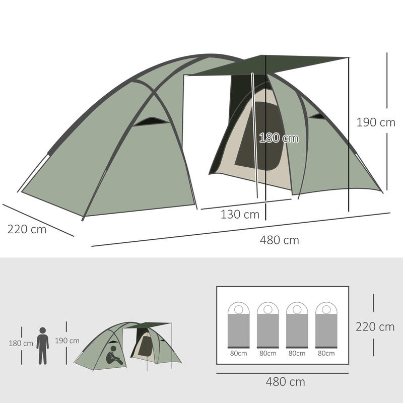Tenda de Acampamento 480x220x190 cm Verde Outsunny