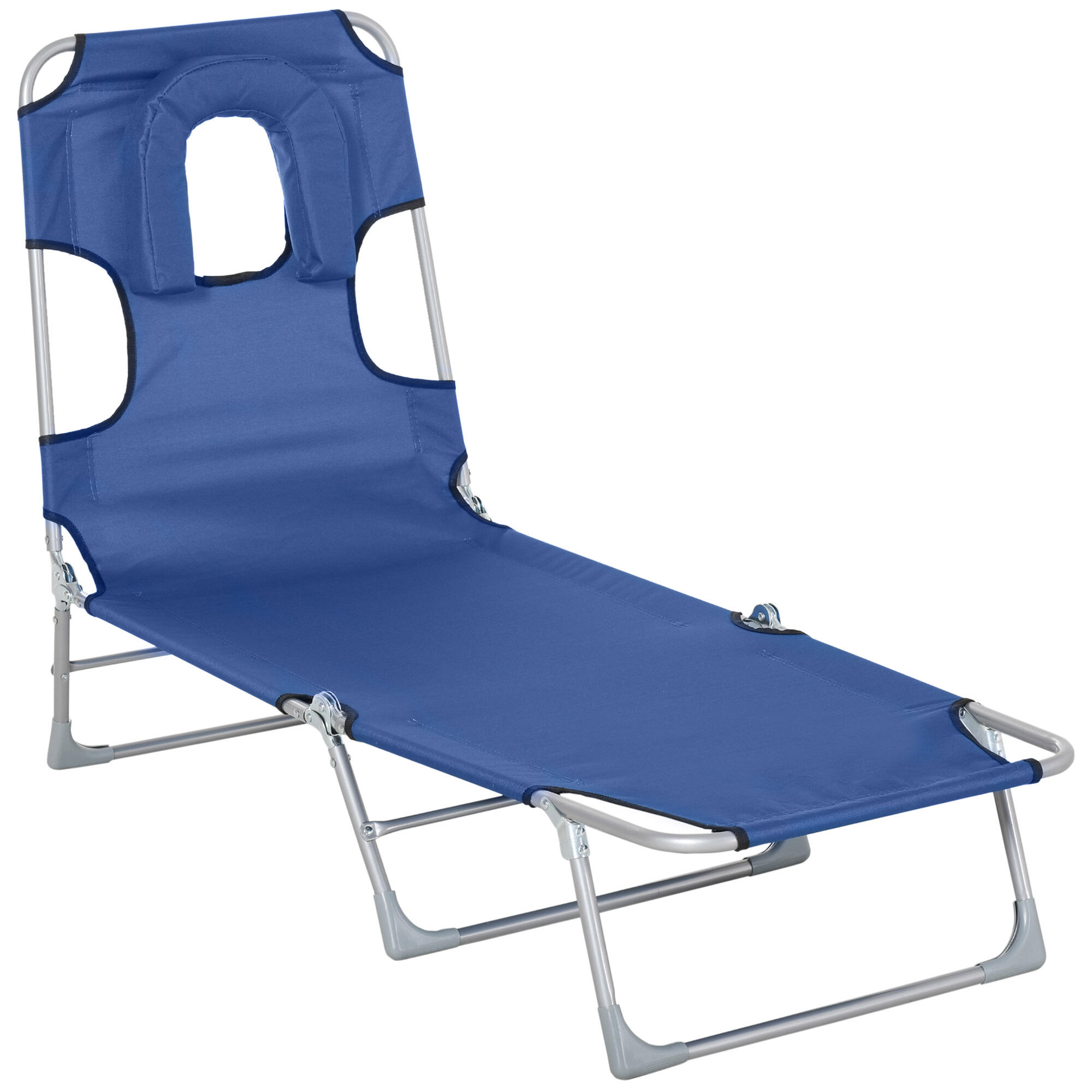 Espreguiçadeira de campismo com orifício para a cabeça 182x56x24,5cm azul