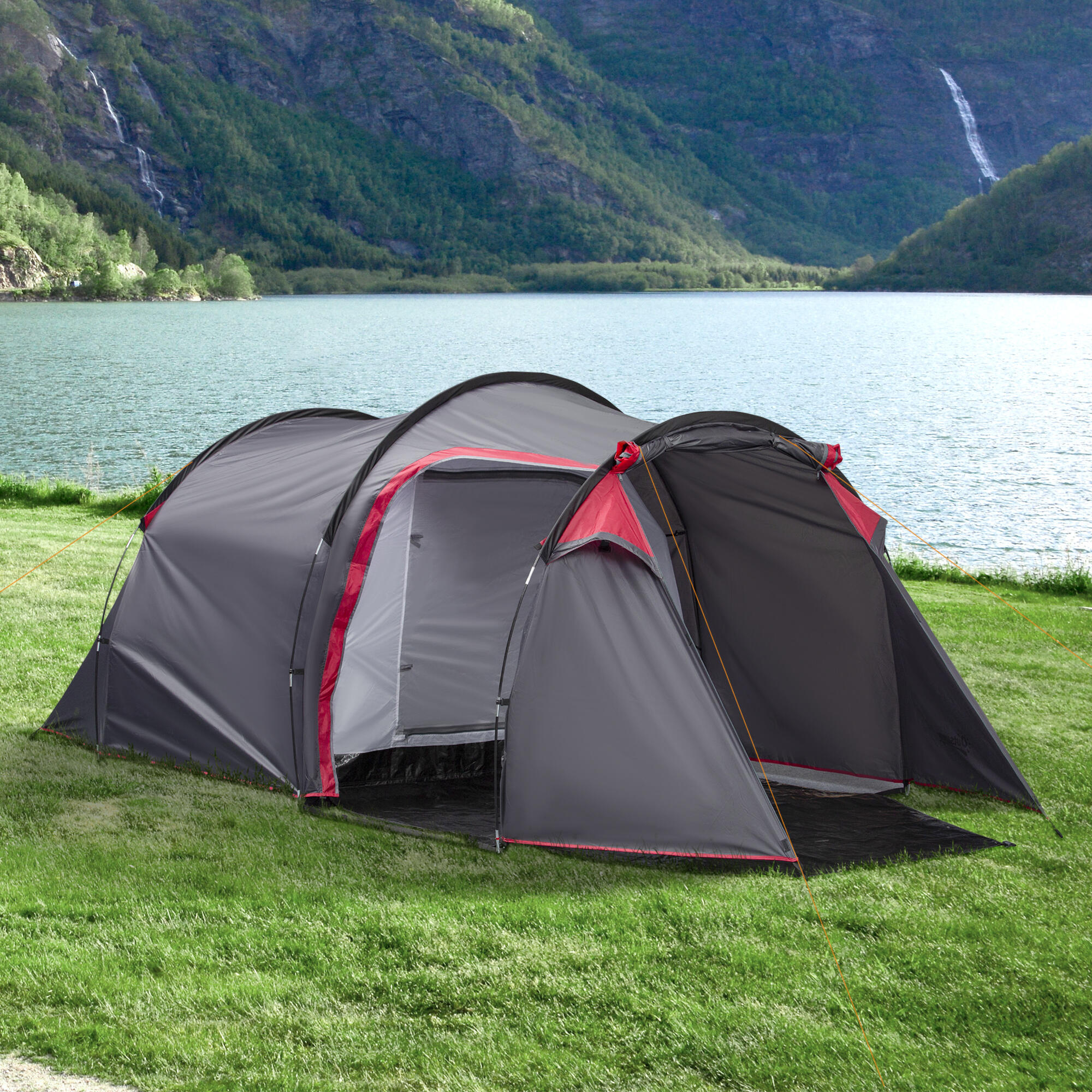 Outsunny Tenda da Campeggio 2 Posti con Vestibolo e Porte, 426x206x154cm Grigio 2/8