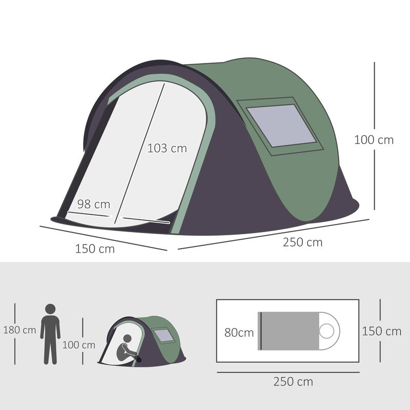 Tenda Campismo Outsunny 250x150x100 cm Verde