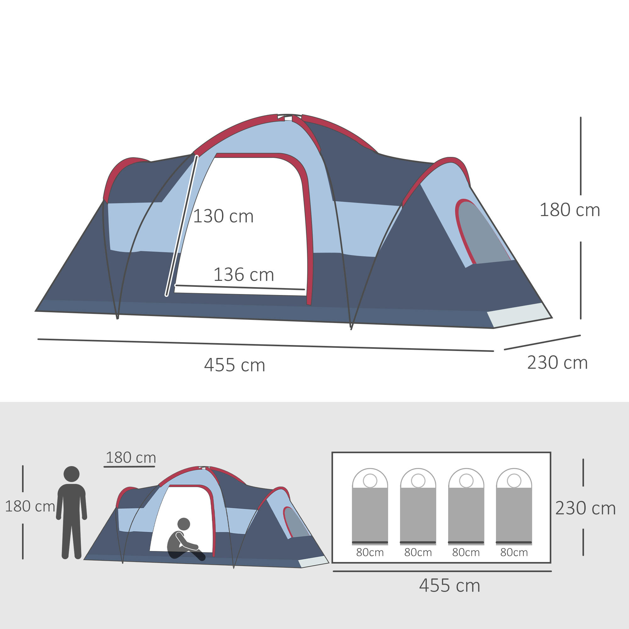 Tienda de Campaña Familiar Outsunny 455x230x180 cm Gris 3/7