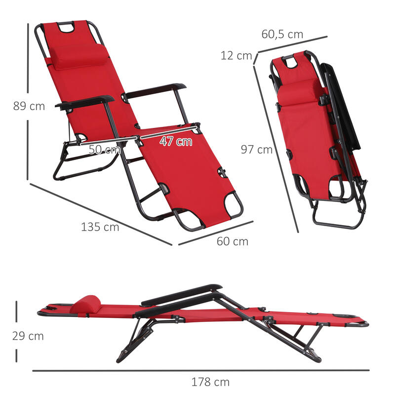 Tumbona reclinable Outsunny rojo 135x60x89cm metal tela oxford