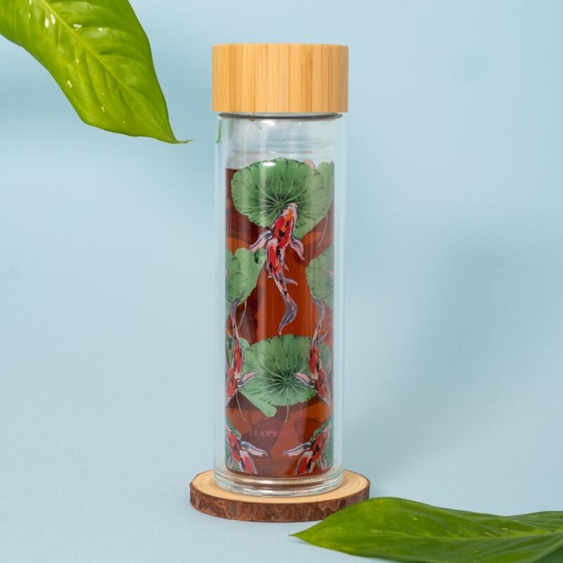 Tea Shop Travel Tea Koi Botella de cristal doble pared y filtro Acero Inoxidable