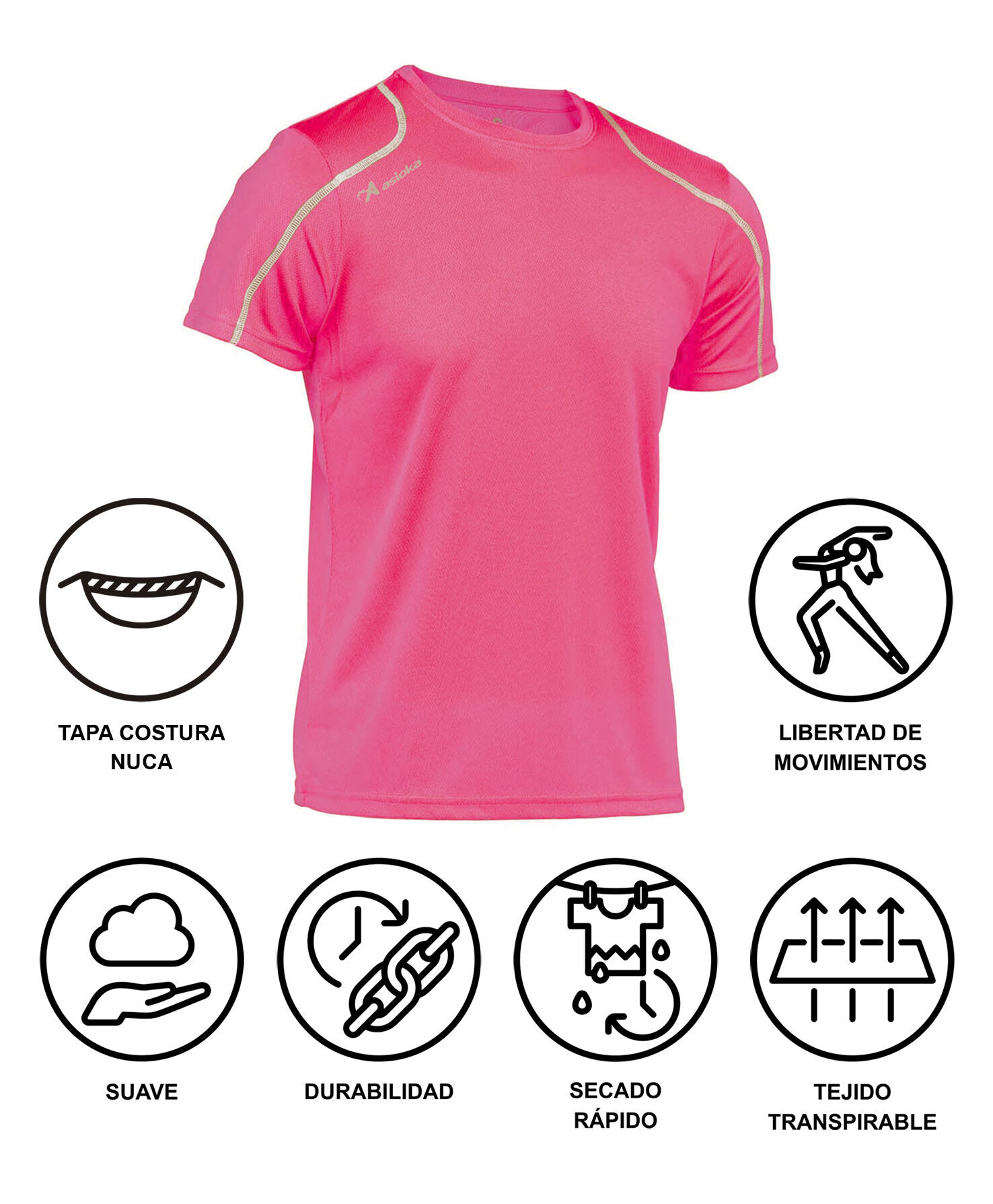 Camiseta Running Manga Corta Hombre Asioka Río Fucsia Transpirable 6/6