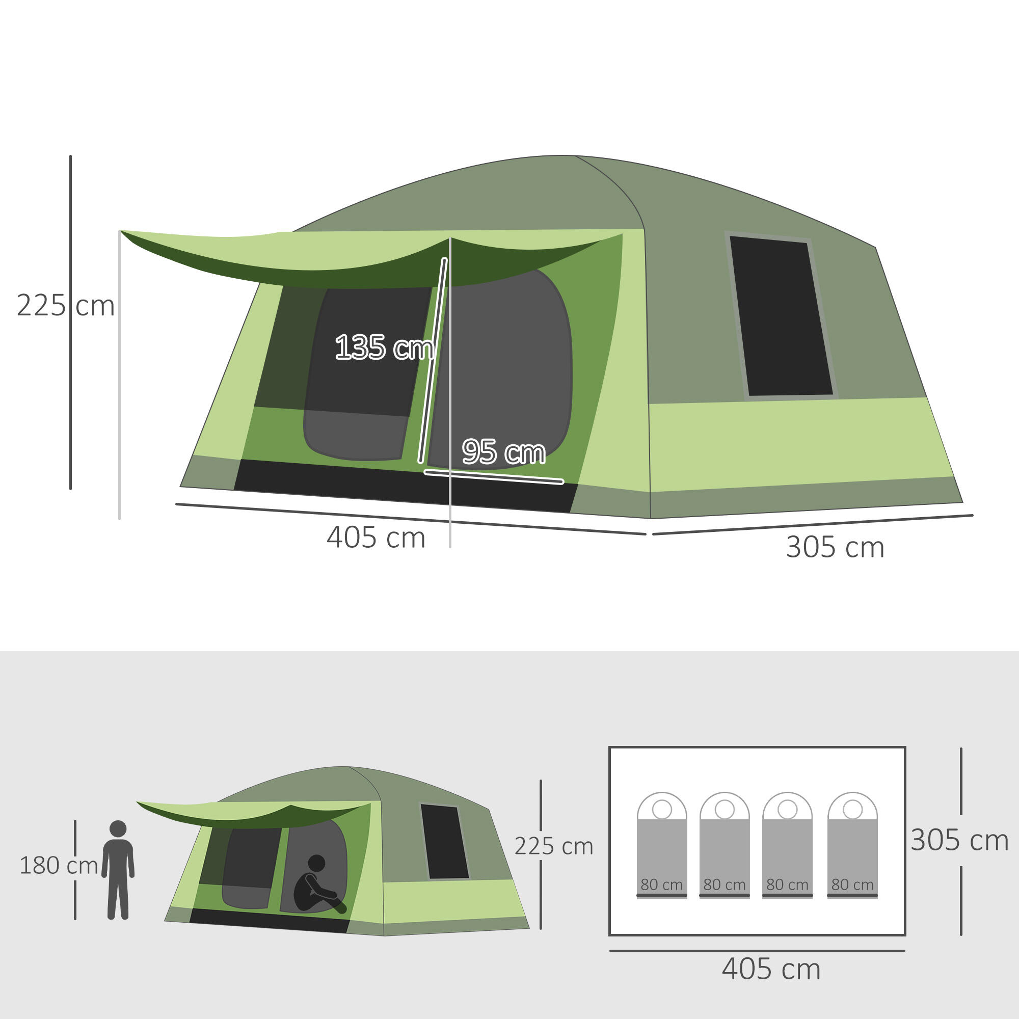 Tienda de Campaña Familiar Outsunny 405x305x225 cm Verde Oscuro y Verde Claro 3/7