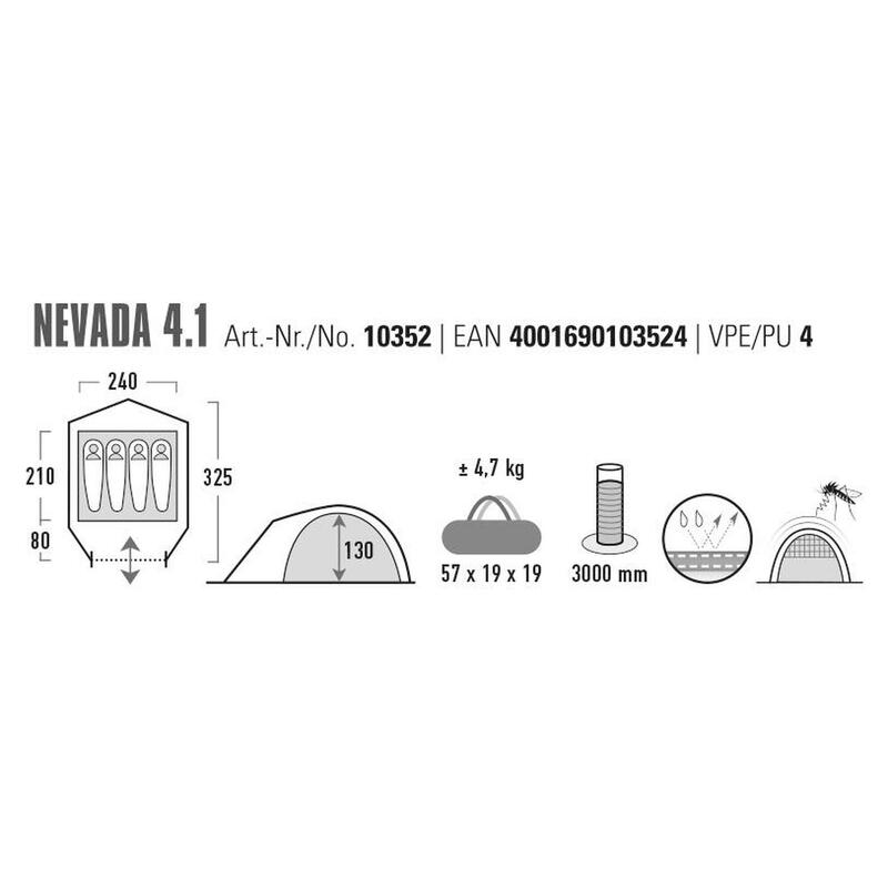 High Peak koepeltent Nevada 4.1, voor 4 personen, PFC-vrij, UV 80 zonwering
