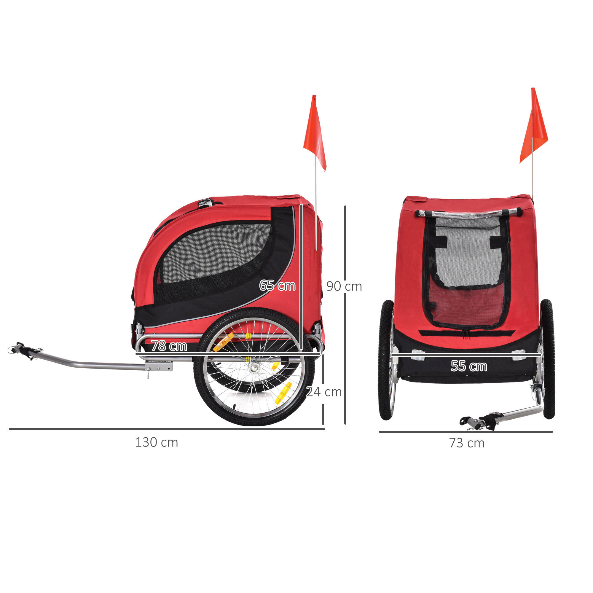 Remolque Bicicleta de Mascota PawHut 130x73x90 cm Rojo 3/8