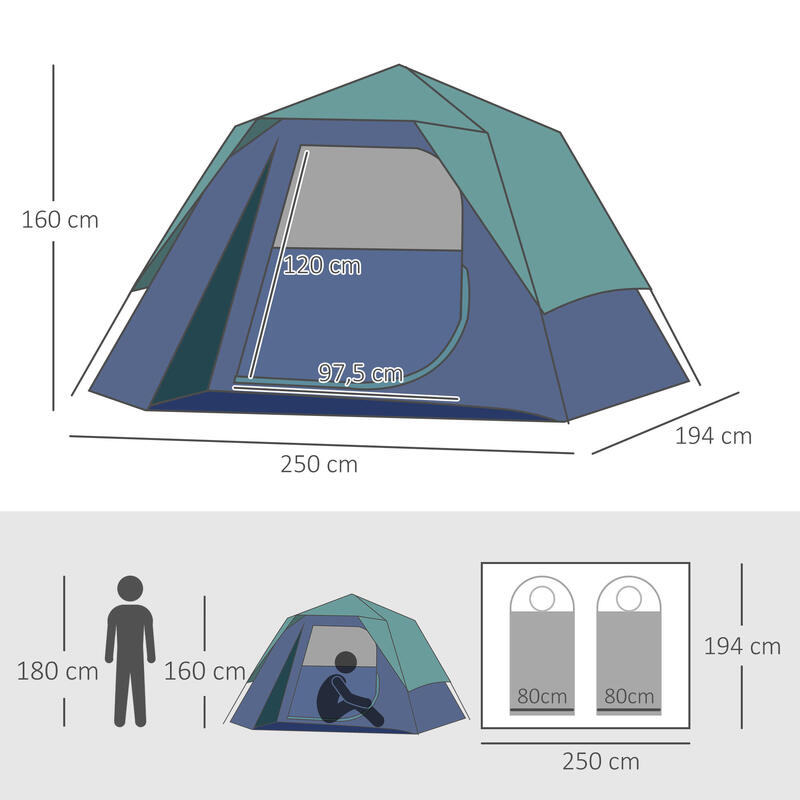 Tenda Campismo 250x194x160 cm Verde Outsunny