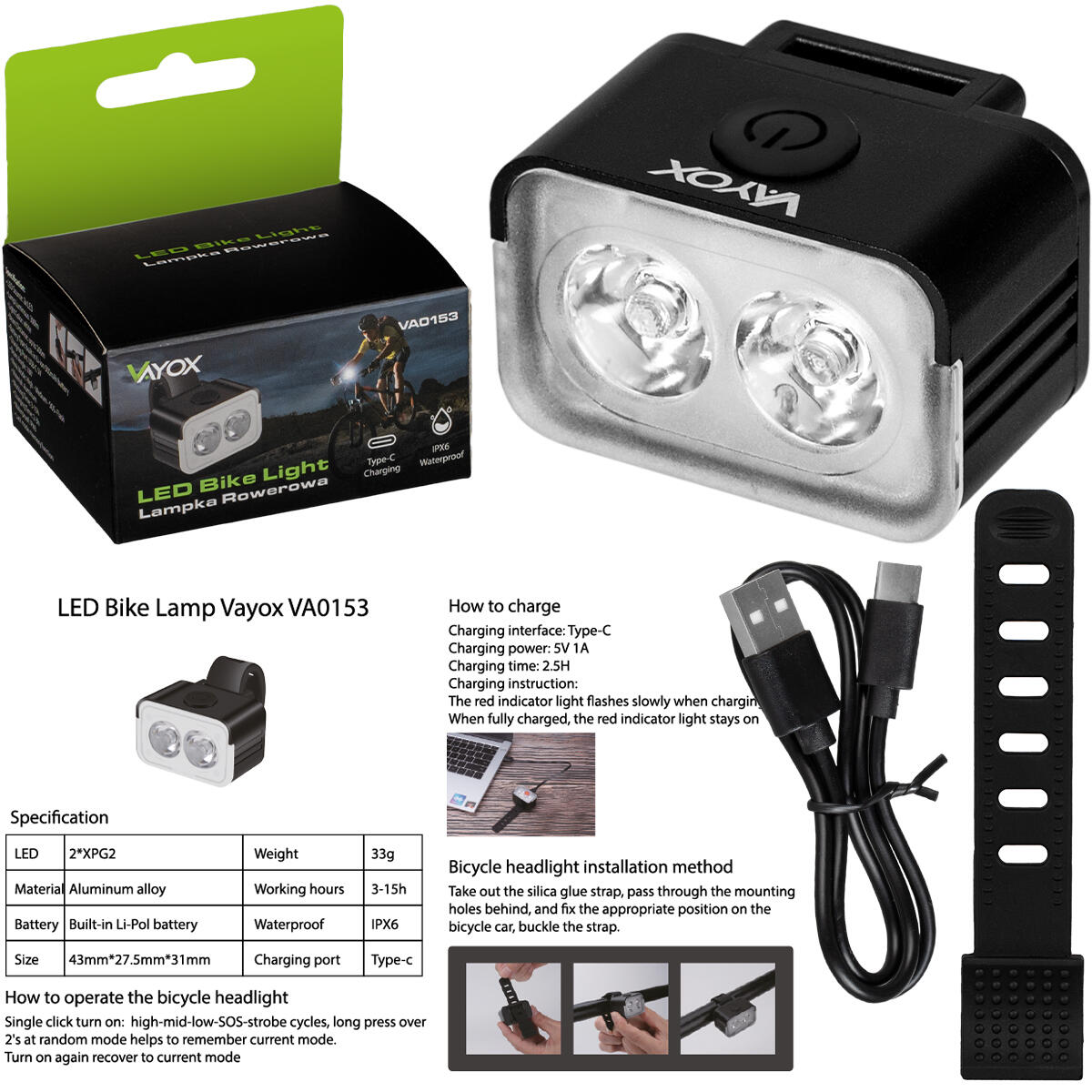Luce anteriore per bici Vayox VA0153 300 lm, 2xLED, ricaricabile USB-C 7/7