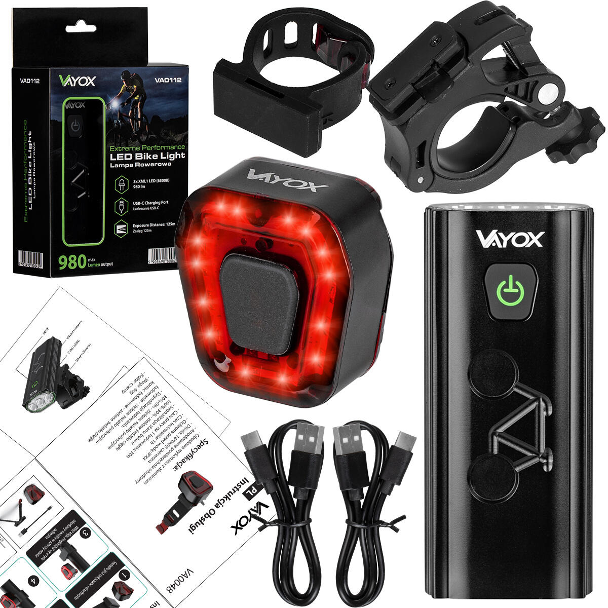 Set di luci per bici VAYOX VA0112 + VA0048 anteriore e posteriore POWERBANK 7/8