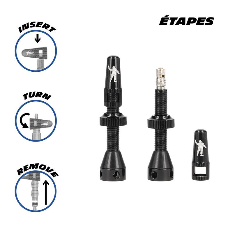 Paire de valves tubeless Presta 40mm  capuchons intégrés avec démonte-obus MICHE