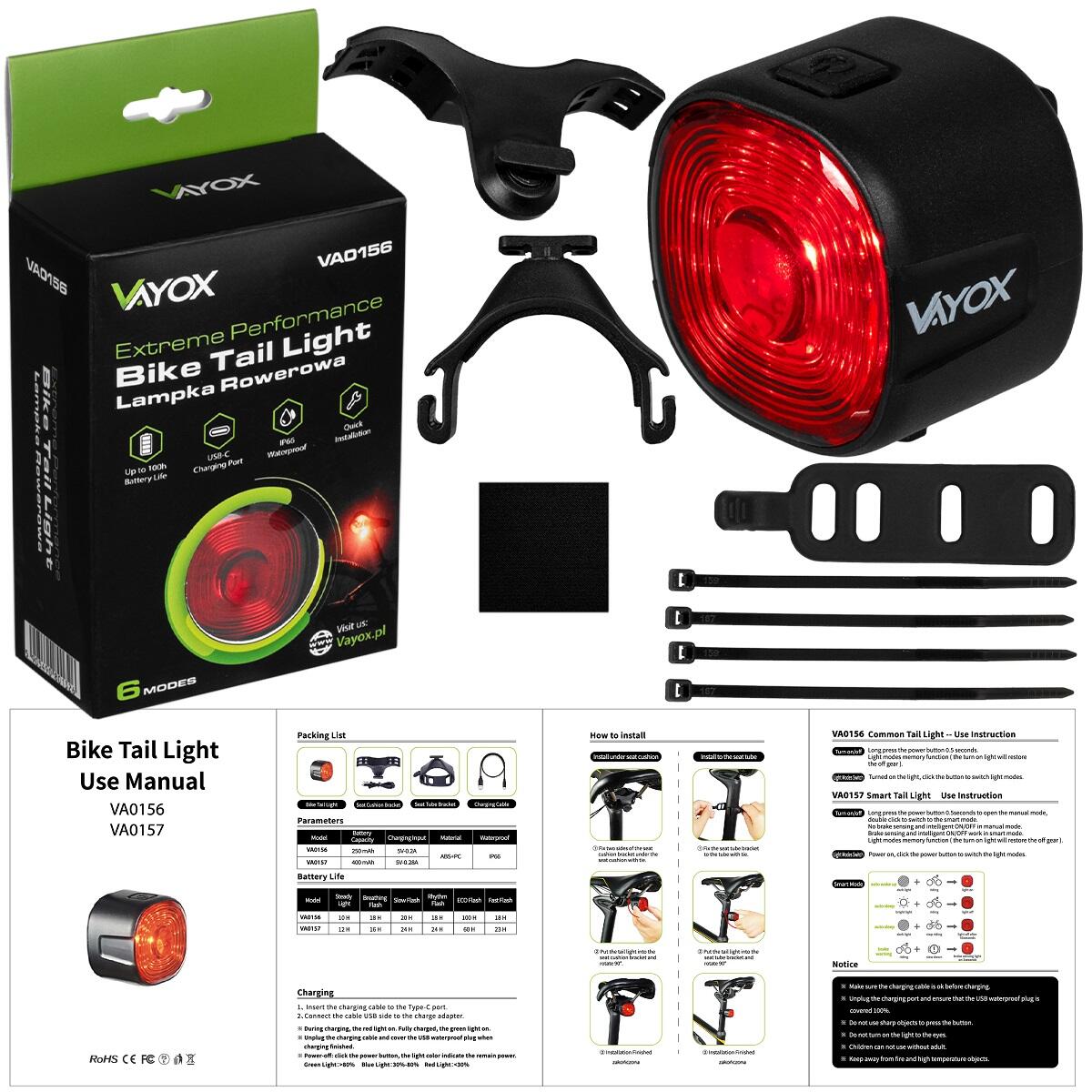 Luce posteriore per bici Vayox VA0156 100 lm, luce rossa, IPX6, USB-C 7/7