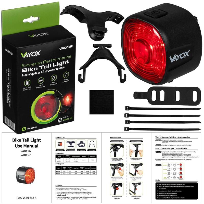 Vayox VA0156 achterfietslicht 100lm rood licht IPX6 USB-C