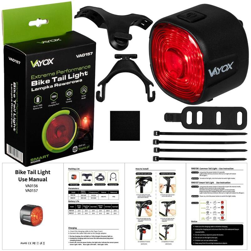 Vayox VA0157 feu arrière de vélo SMART 100lm capteur d'arrêt de lumière rouge