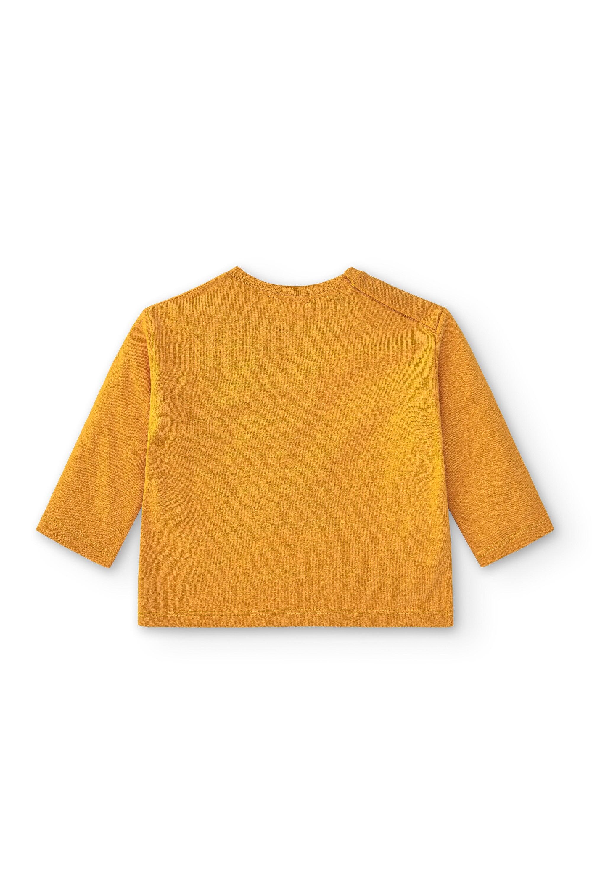 Camiseta básica de manga comprida para bebê na cor mostarda com estampa de 2/3