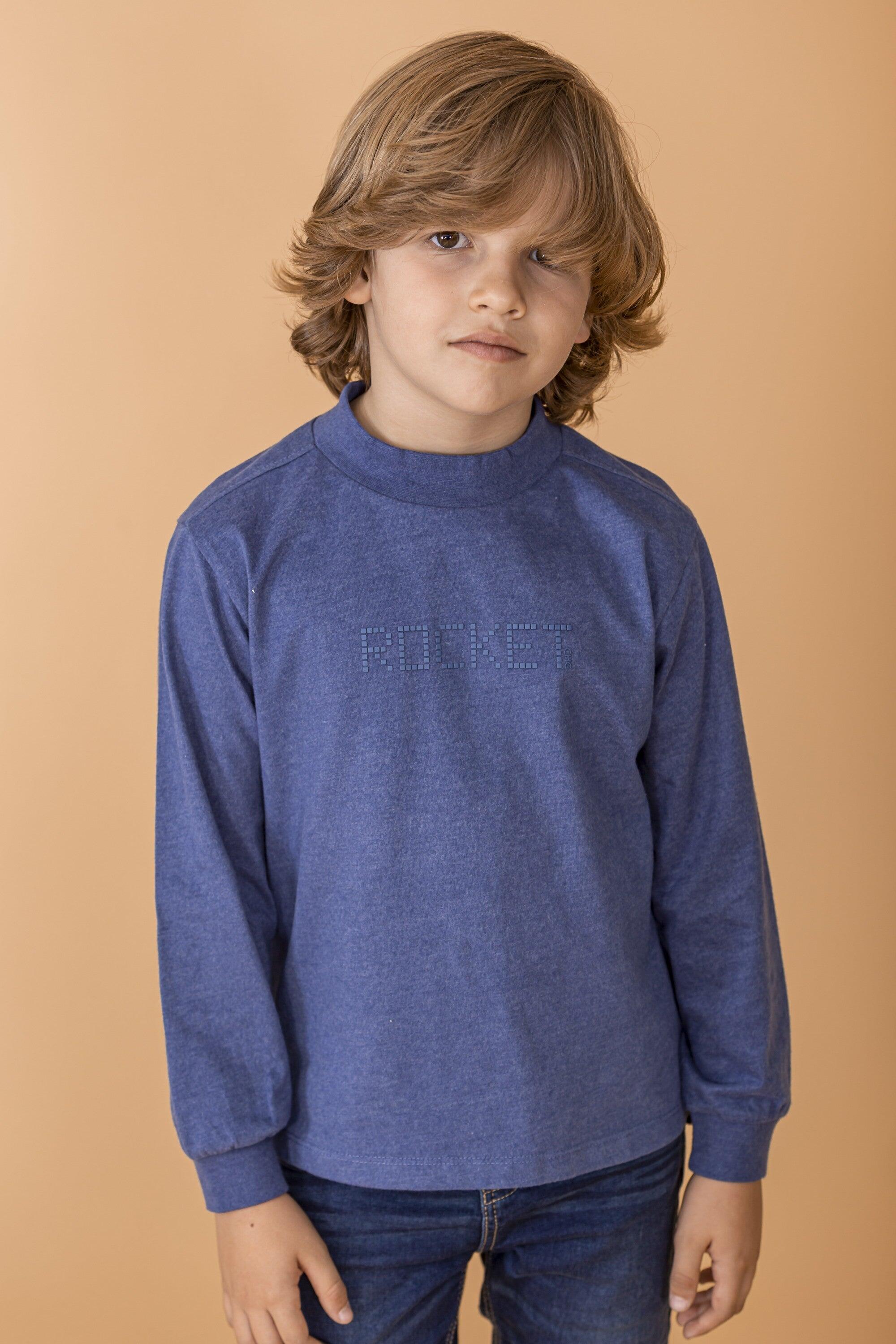 camiseta azul de gola alta de algodão com mangas 2/4