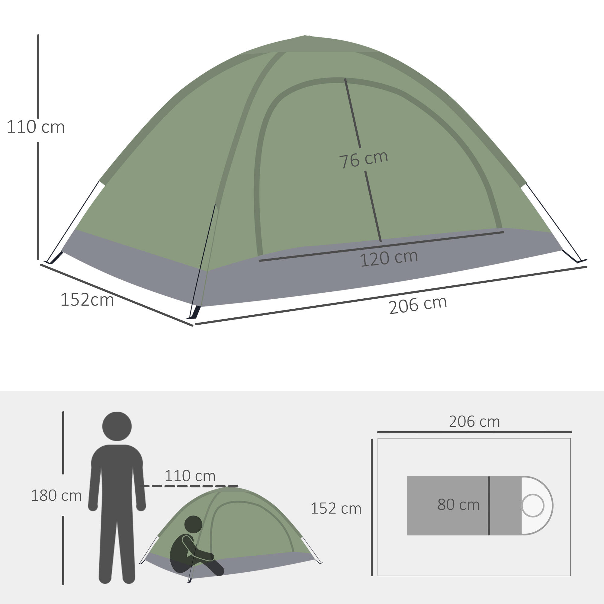 Outsunny Tenda da Campeggio 2 Posti con Zanzariera, 206x152x110cm, Verde 3/7