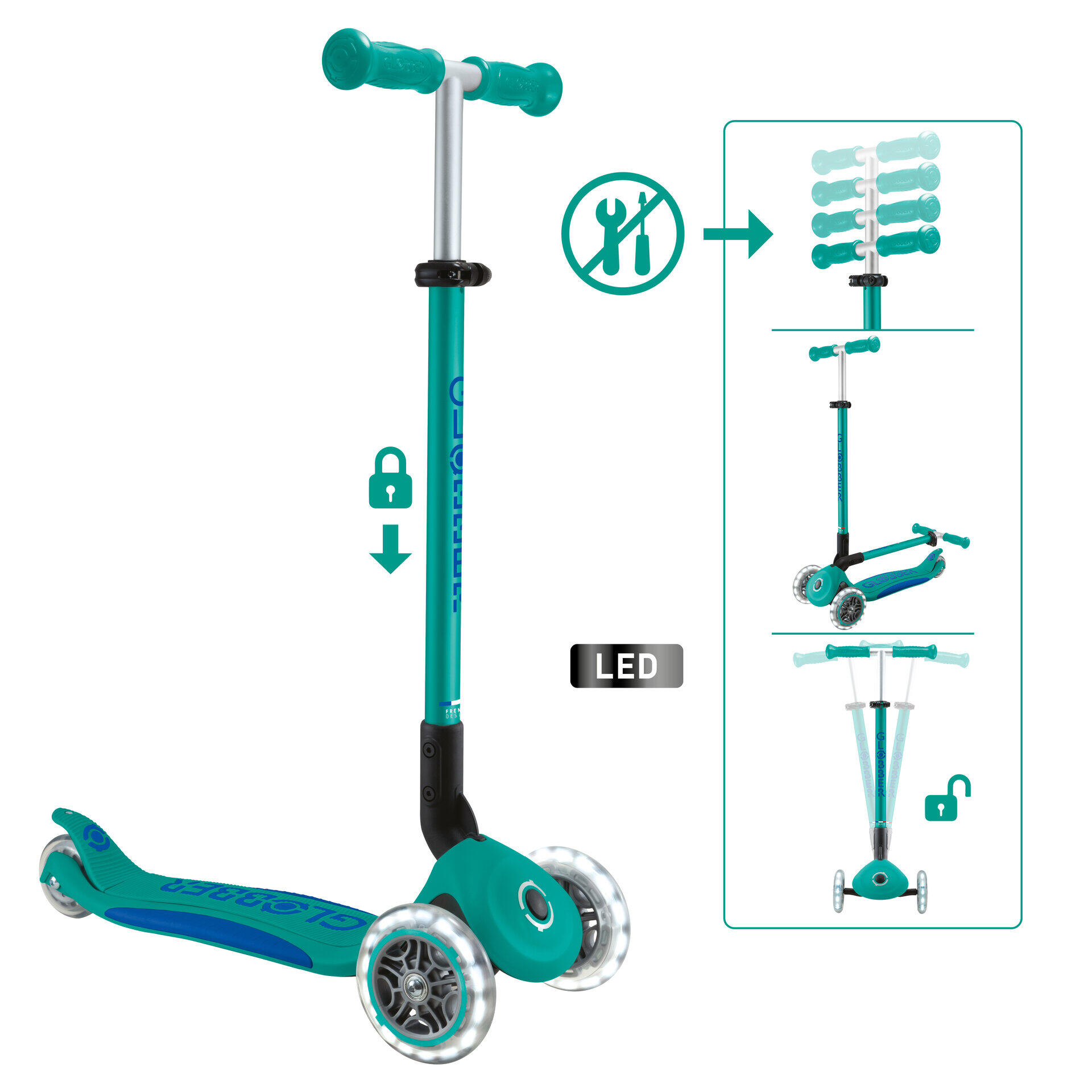 GLOBBER GLOBBER PRIMO FOLDABLE PLUS LIGHTS türkis-dunkelblau, mit Leuchtrollen