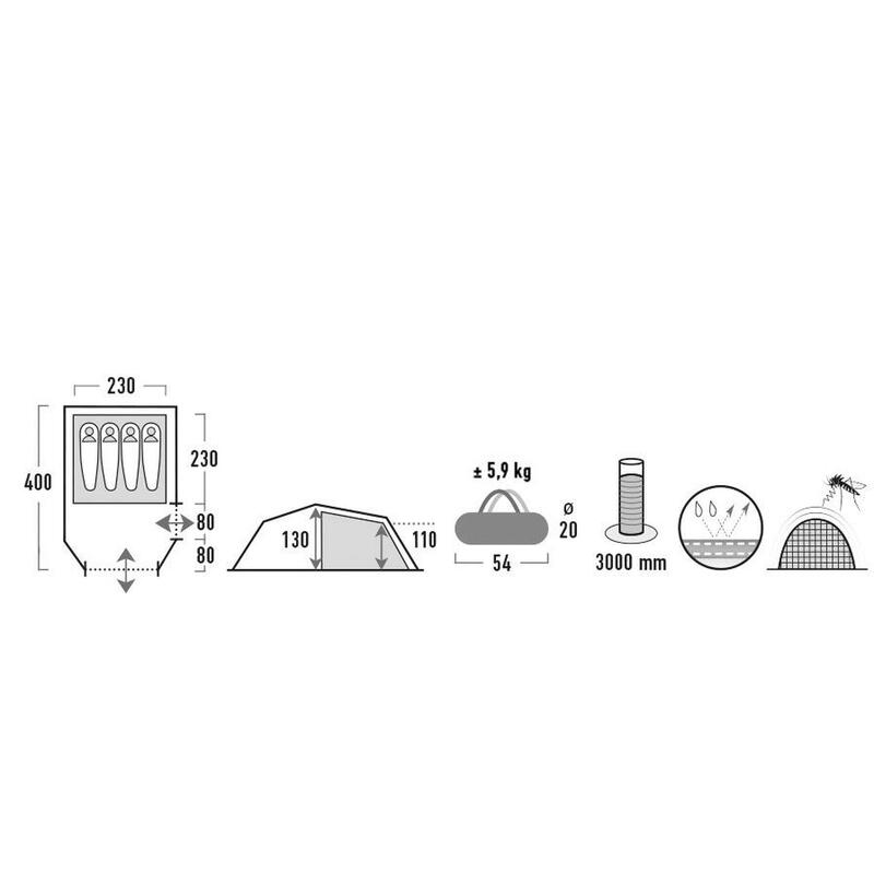 High Peak tunneltent Falcon 4,met tentvloer,2 ingangen,binnentent voorgemonteerd