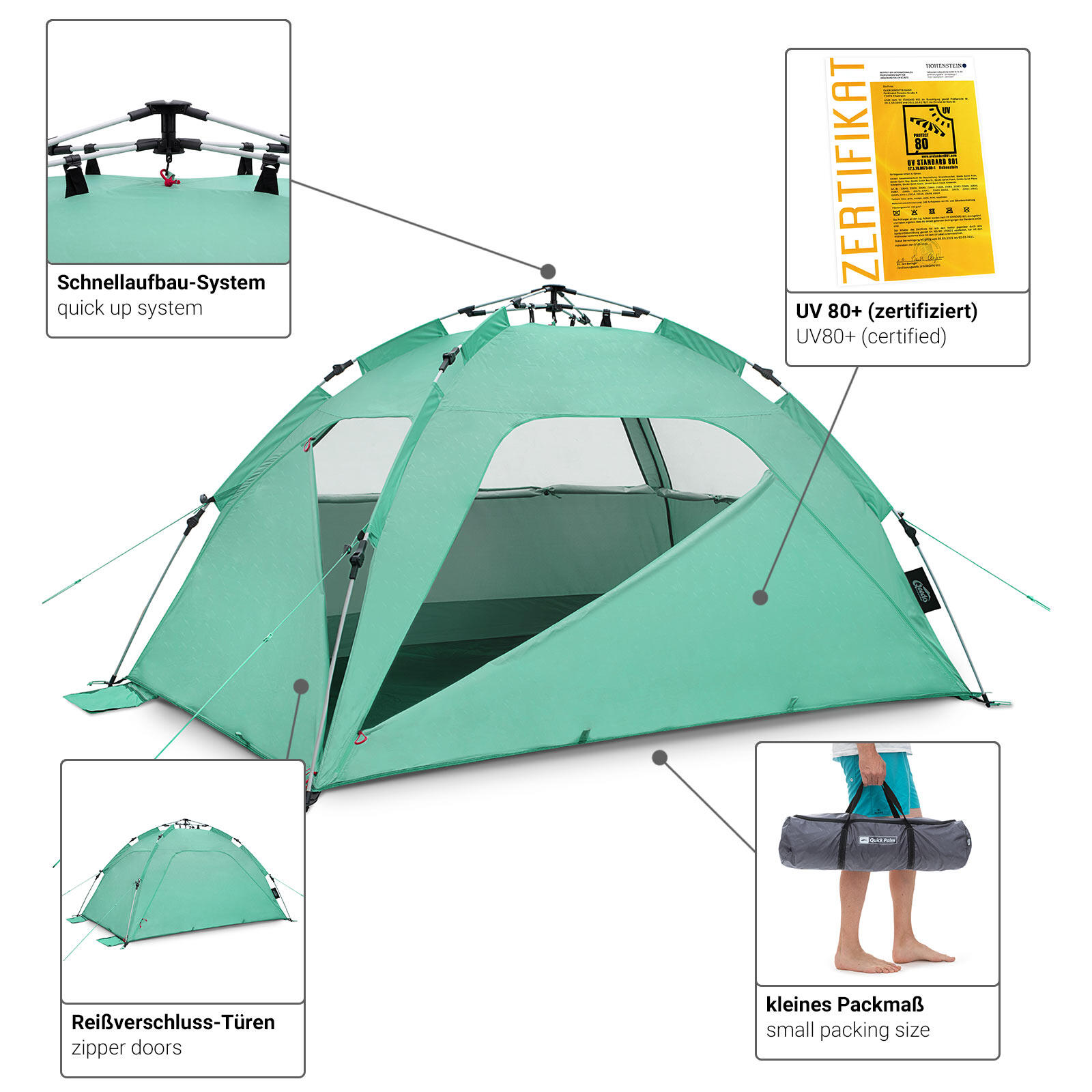 Strandmuschel Pop Up Quick Palm Strand Bahamamint Schnellaufbau UV80+ qeedo 3/8