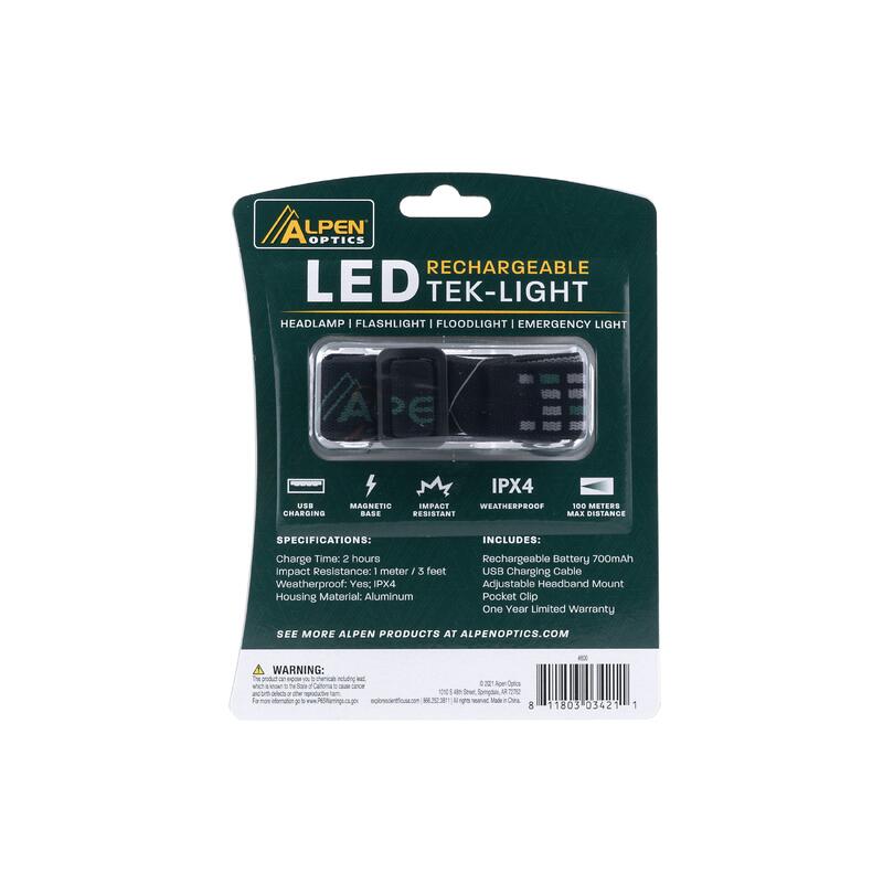 Linterna frontal LED recargable Tek-Light Alpen-LUMENS variables de 30 hasta 500