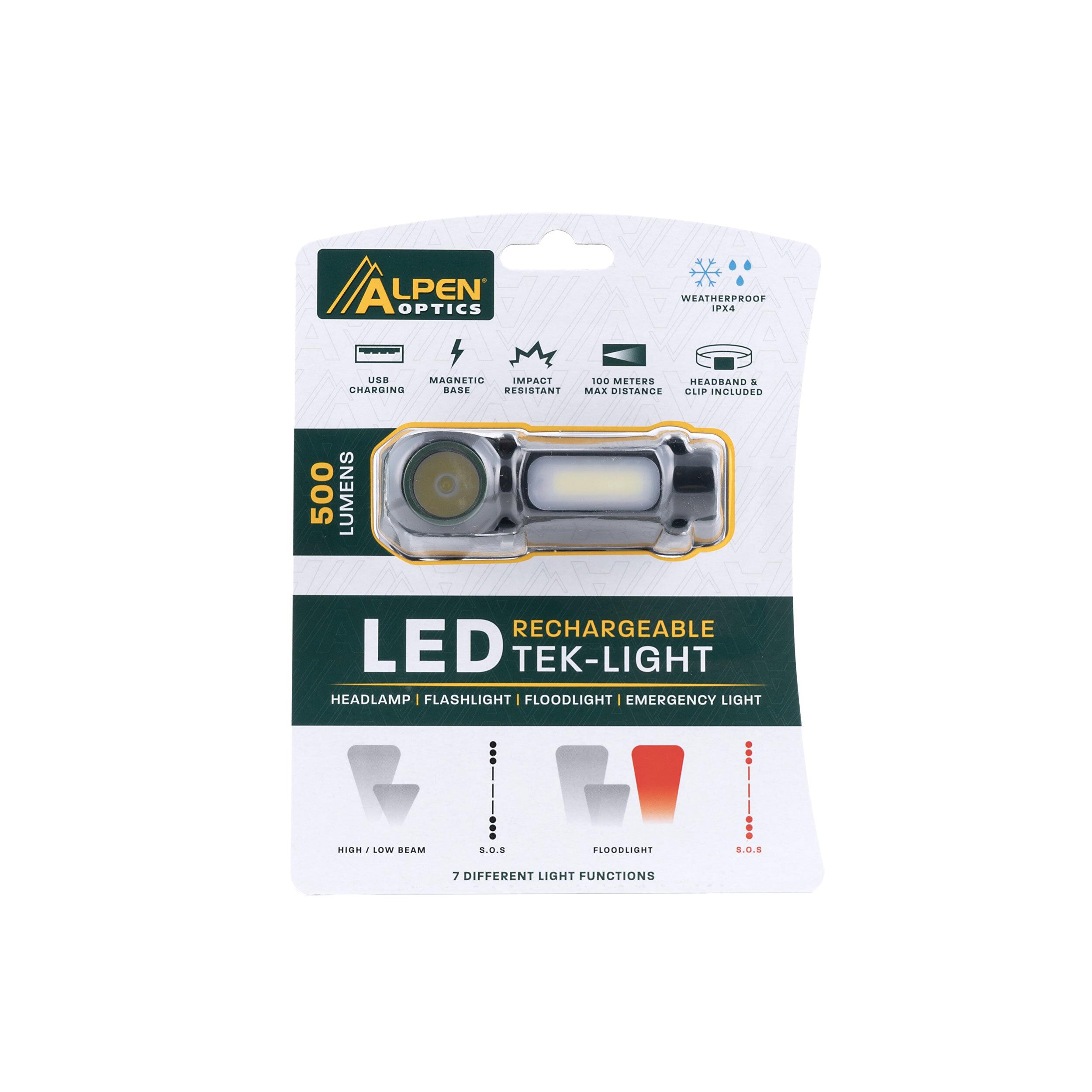 Lanterna de cabeça led recarregável tek-light alpenlumens variáveis de 30 a 500