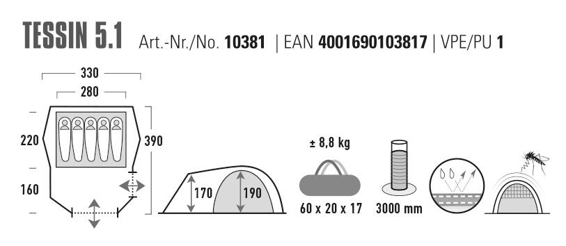Namiot kopułowy High Peak Tessin 5.1, 2 wejścia, bez PFC, UV 80