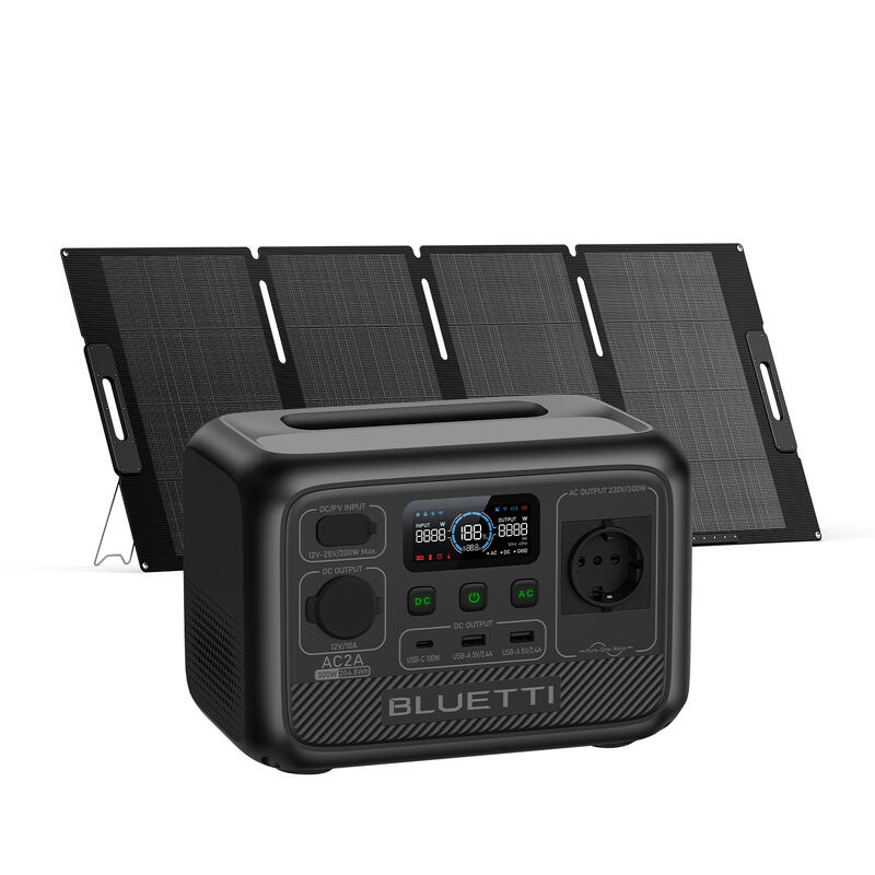BLUETTI AC2A+MP200 zonnegenerator kit, 204Wh/300W LiFePO4 accu voor Camping