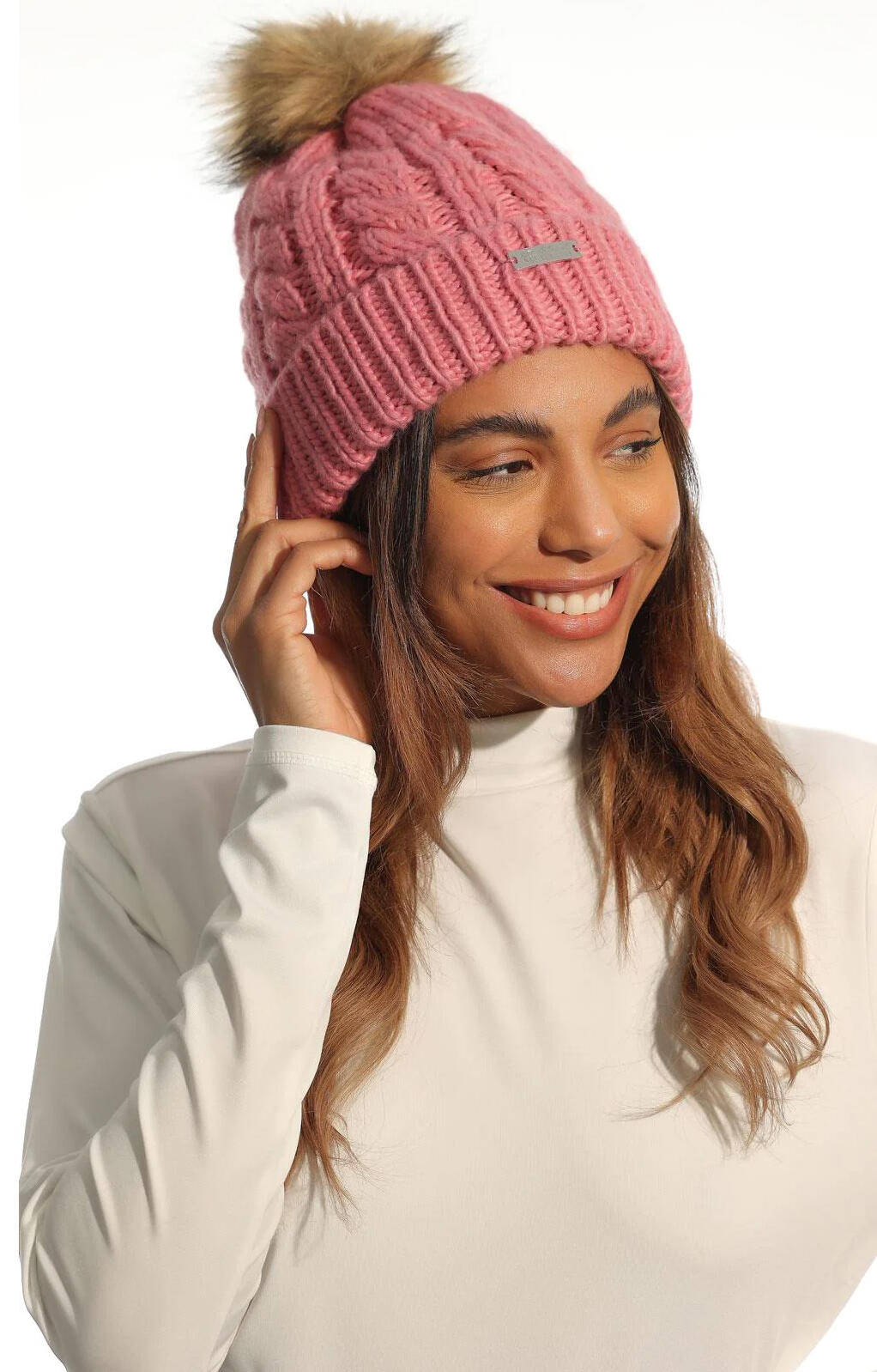 Ladies Faux Pom Pom Feeced Thermal Beanie Hat 3/5