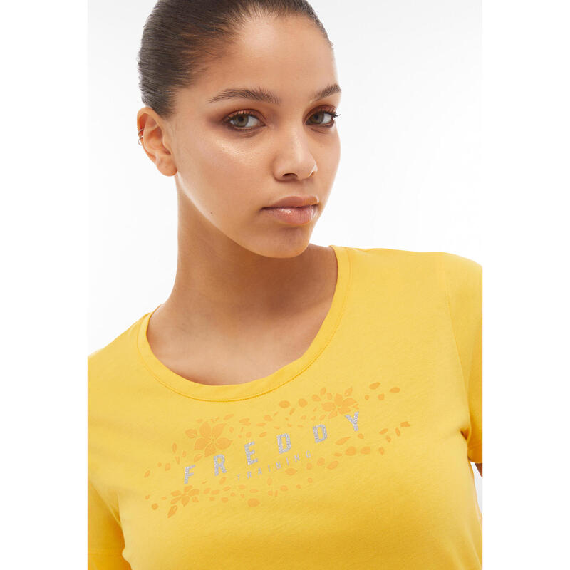 T-shirt in jersey leggero con grafica floreale e glitter