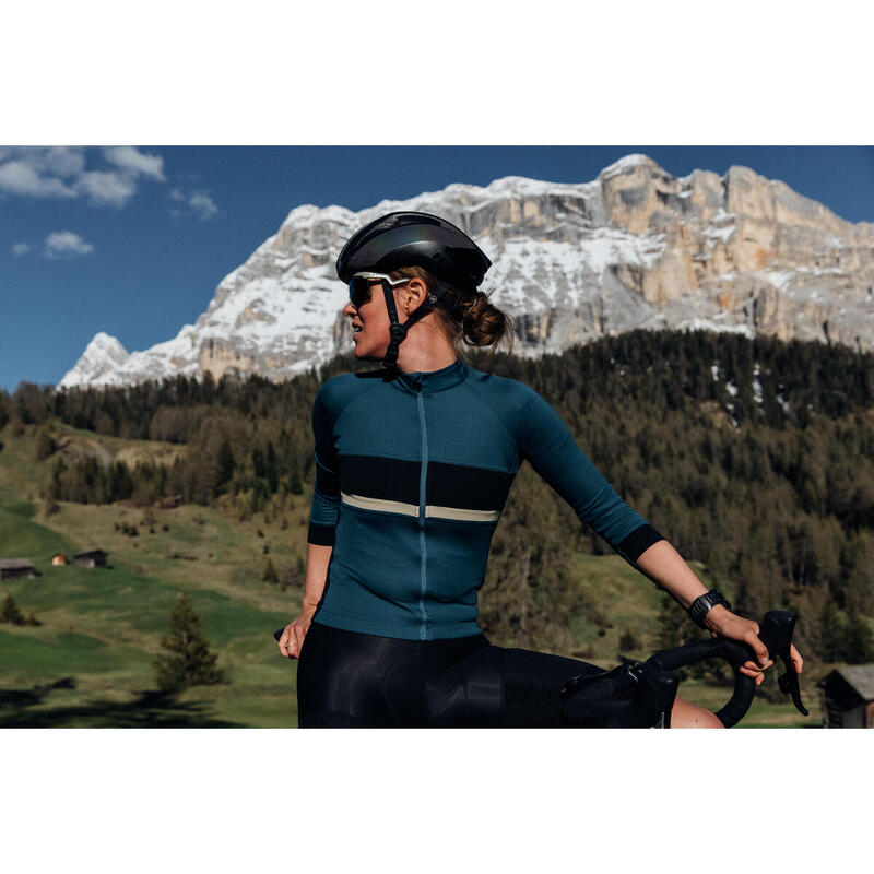 Maillot à manches 3/4 de cyclisme pour femmes Gravel Corail Bleu/Crème de Menthe