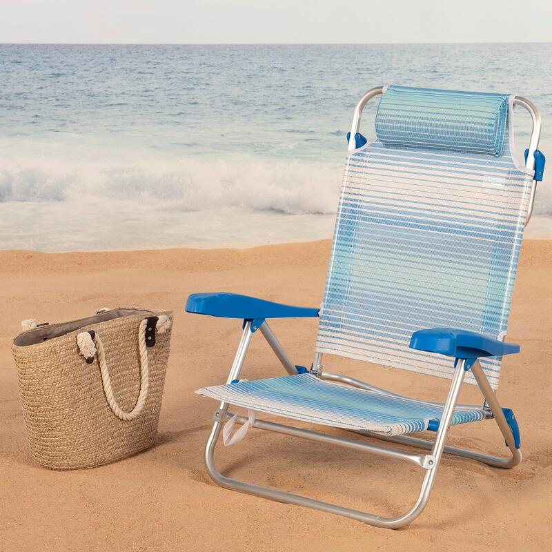 Aktive Silla de playa plegable y reclinable 7 posiciones rayas azul c/cojín