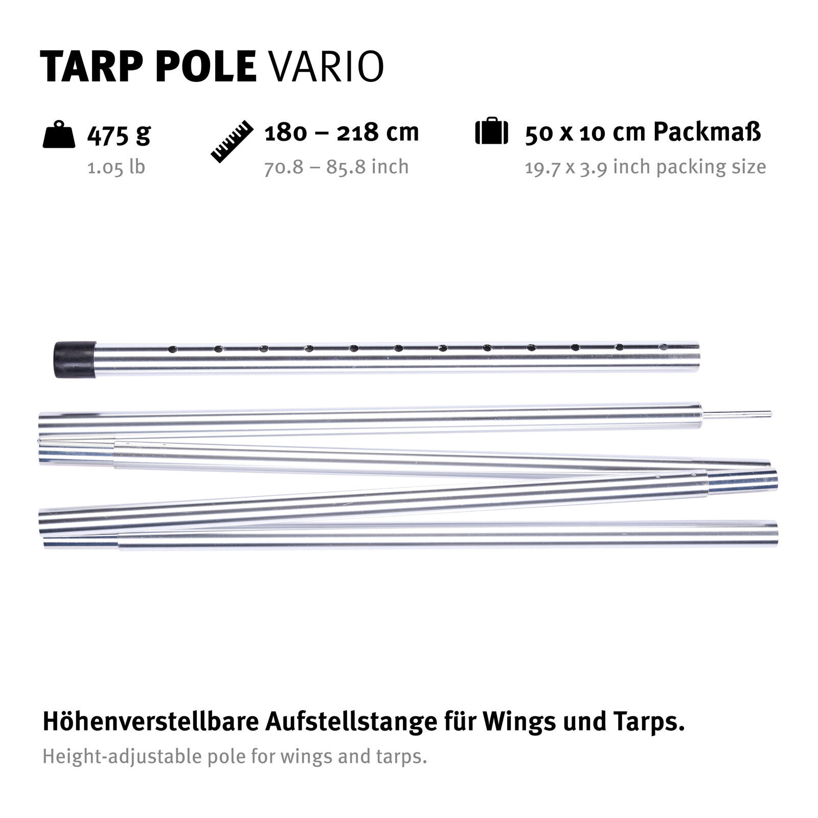 Tige de tente télescopique Tarp Pole Vario montage Voile d'ombrage Alu 218cm 2/4
