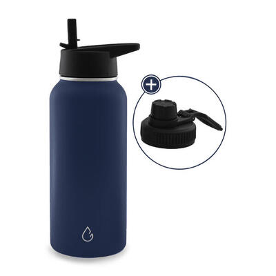 Pro waterfles rvs donkerblauw 1 liter - dop met rietje en sportdop