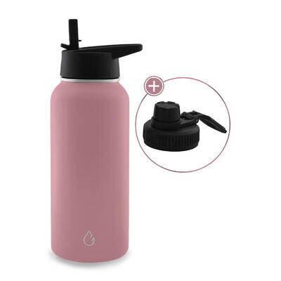 Pro waterfles rvs roze 1 liter - dop met rietje en sportdop