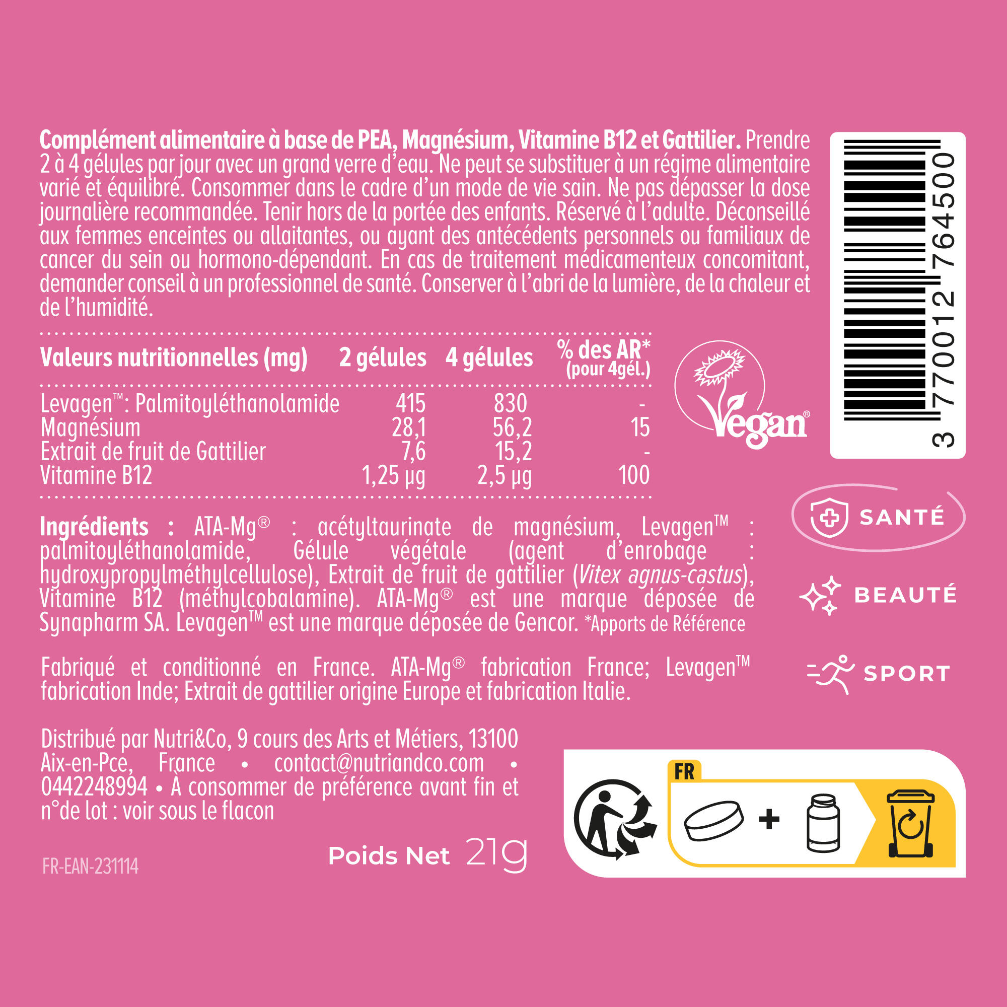 Le Féminin : Confort Menstruel - PEA + Gattilier + Vit B12 - 40 gélules 4/6