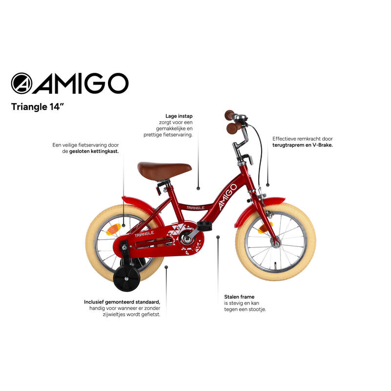 AMIGO Vélo fille Triangle 14 Pouces 23 cm Junior Frein à rétropédalage Rouge