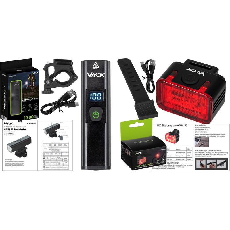 Zestaw lampek rowerowych VAYOX VA0071 + VA0152 przednia i tylna USB-C