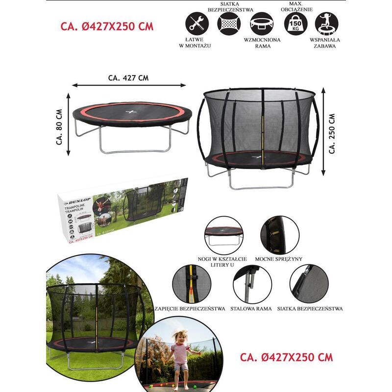 Trampolina ogrodowa Dunlop Premium  Fi 427cm z siatką wewnętrzną