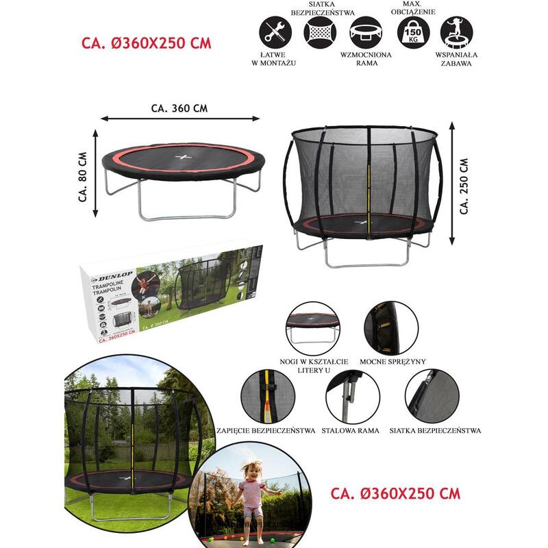 Trampolina ogrodowa Dunlop Premium  Fi 360cm z siatką wewnętrzną