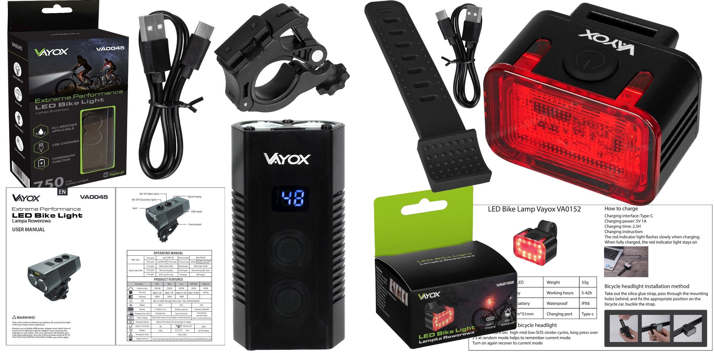 Zestaw lampek rowerowych VAYOX VA0045 + VA0152 przednia i tylna POWERBANK 7/7